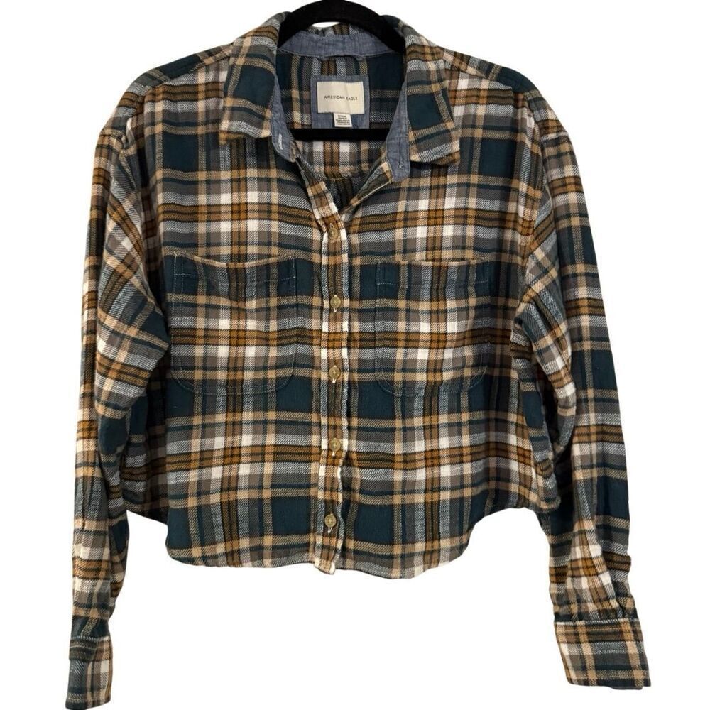 American Eagle Cozy Cabin flannel plaid cropped button down m - Picture 11 of 11